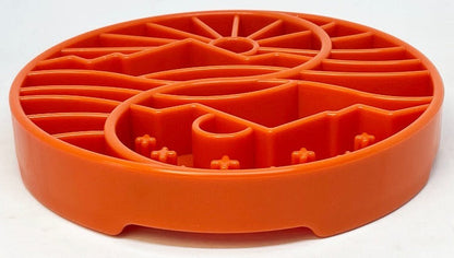 Sun and Moon Design shallow slow feeder dog bowl in burnt orange with raised ridges for enrichment and digestion, made in USA