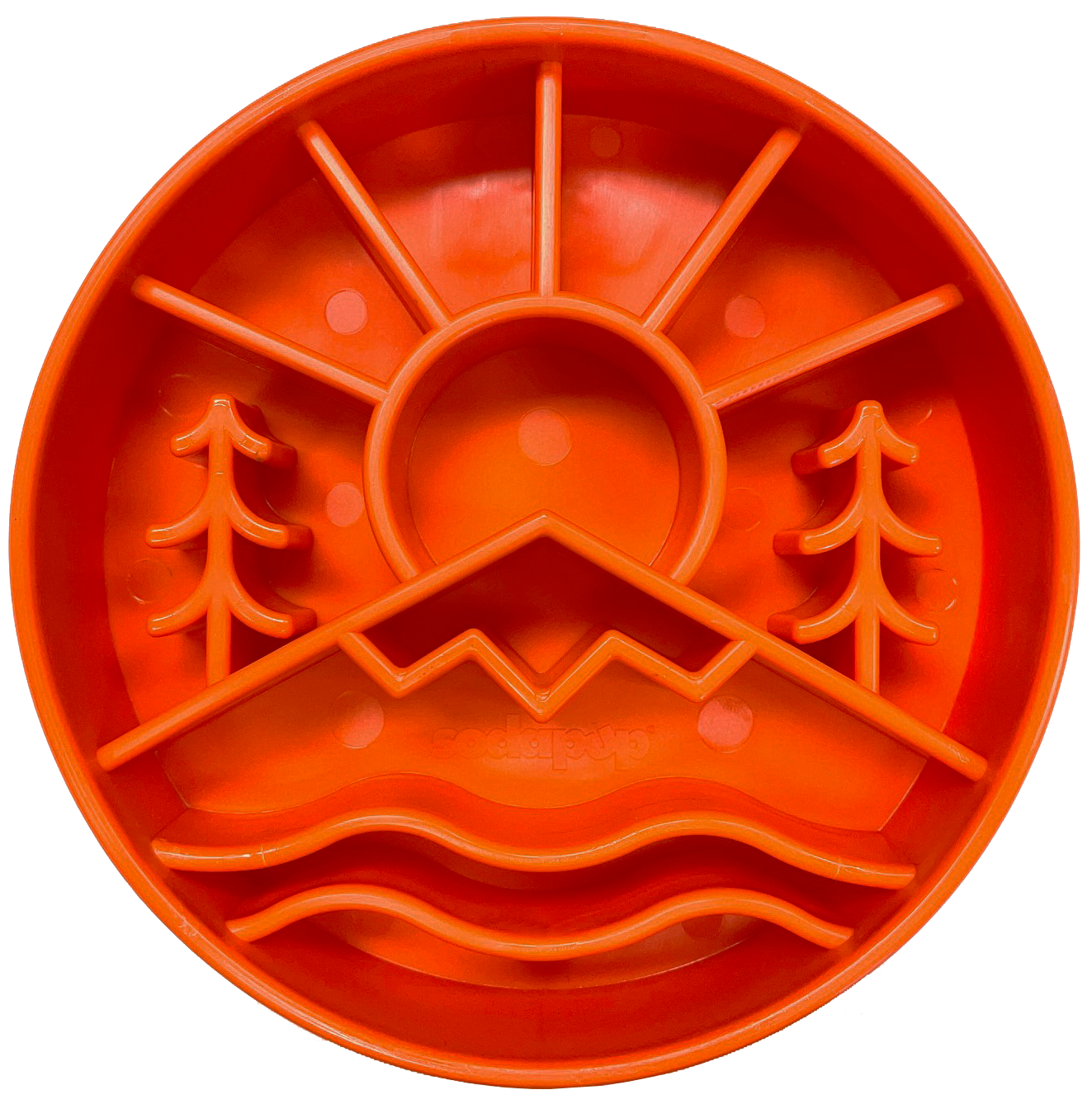 Orange Great Outdoors slow feeder dog bowl with raised ridges shaped like mountains and trees for mental enrichment and slow eating