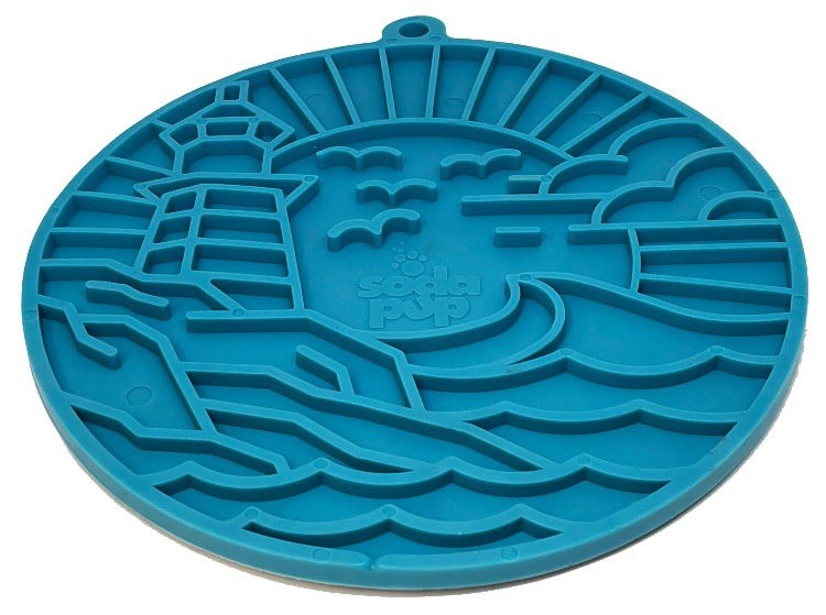 Lighthouse eMat dog lick mat with suction cups, textured coastal design, sea foam blue, made in USA
