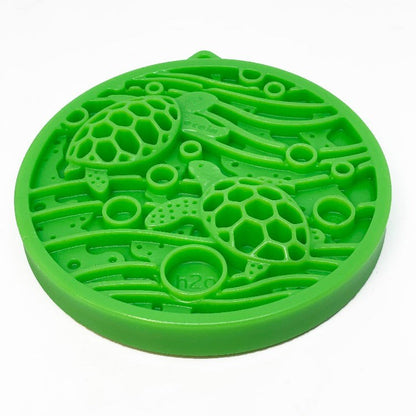 Green Water eCoin nylon dog enrichment Snacking Coin  with turtle motif textured cavities for durable snacking and anxiety relief
