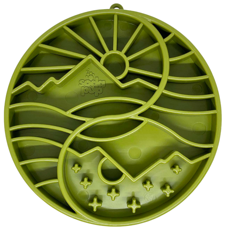 Sun and Moon Design shallow slow feeder dog bowl with raised ridges for mental enrichment and digestion, made in USA, green color