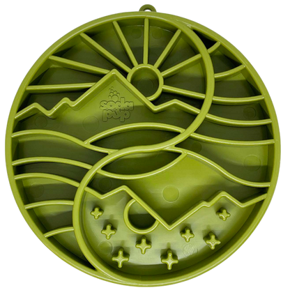 Sun and Moon Design shallow slow feeder dog bowl with raised ridges for mental enrichment and digestion, made in USA, green color