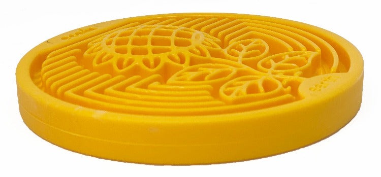 Yellow Earth eCoin nylon lick mat for dogs with textured sunflower design, durable USA-made enrichment toy for anxiety relief and slow feeding