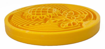 Yellow Earth eCoin nylon lick mat for dogs with textured sunflower design, durable USA-made enrichment toy for anxiety relief and slow feeding