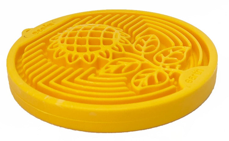 Yellow Earth eCoin Nylon Lick Mat for dogs with sunflower design, durable and USA-made enrichment toy for anxiety relief and slow feeding