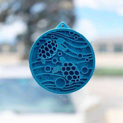 Blue Turtle eMat-Mini lick mat with suction cups for small dogs and cats, featuring multi-texture turtle design for enrichment and slow feeding