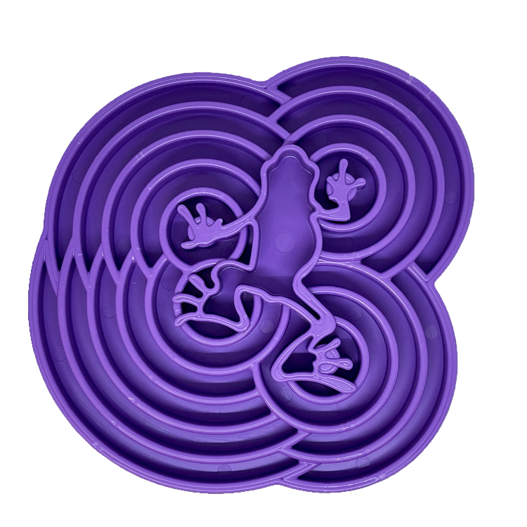 Purple Water Frog eTray slow feeder dog bowl with textured channels for enrichment