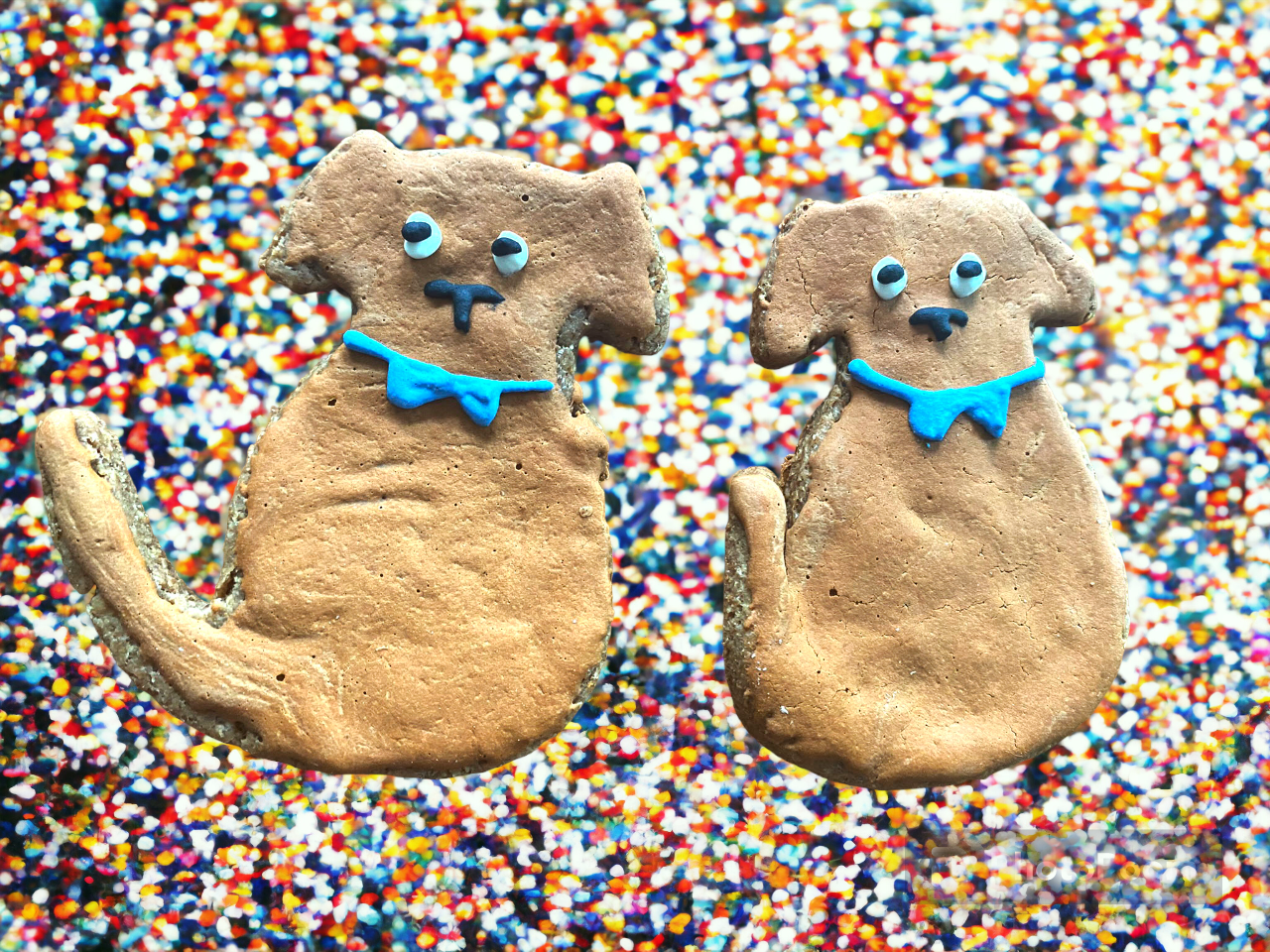 Two dog-shaped Finn Organic Peanut Butter Cookies by Finn's with blue bow ties on colorful sprinkle background