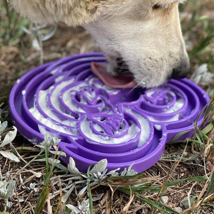 Dog eating from purple Water Frog eTray slow feeder bowl outdoors