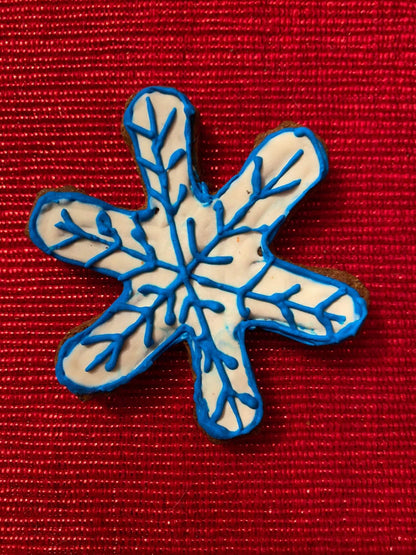 Whimsical Organic Christmas snowflake dog cookie with blue icing on red background