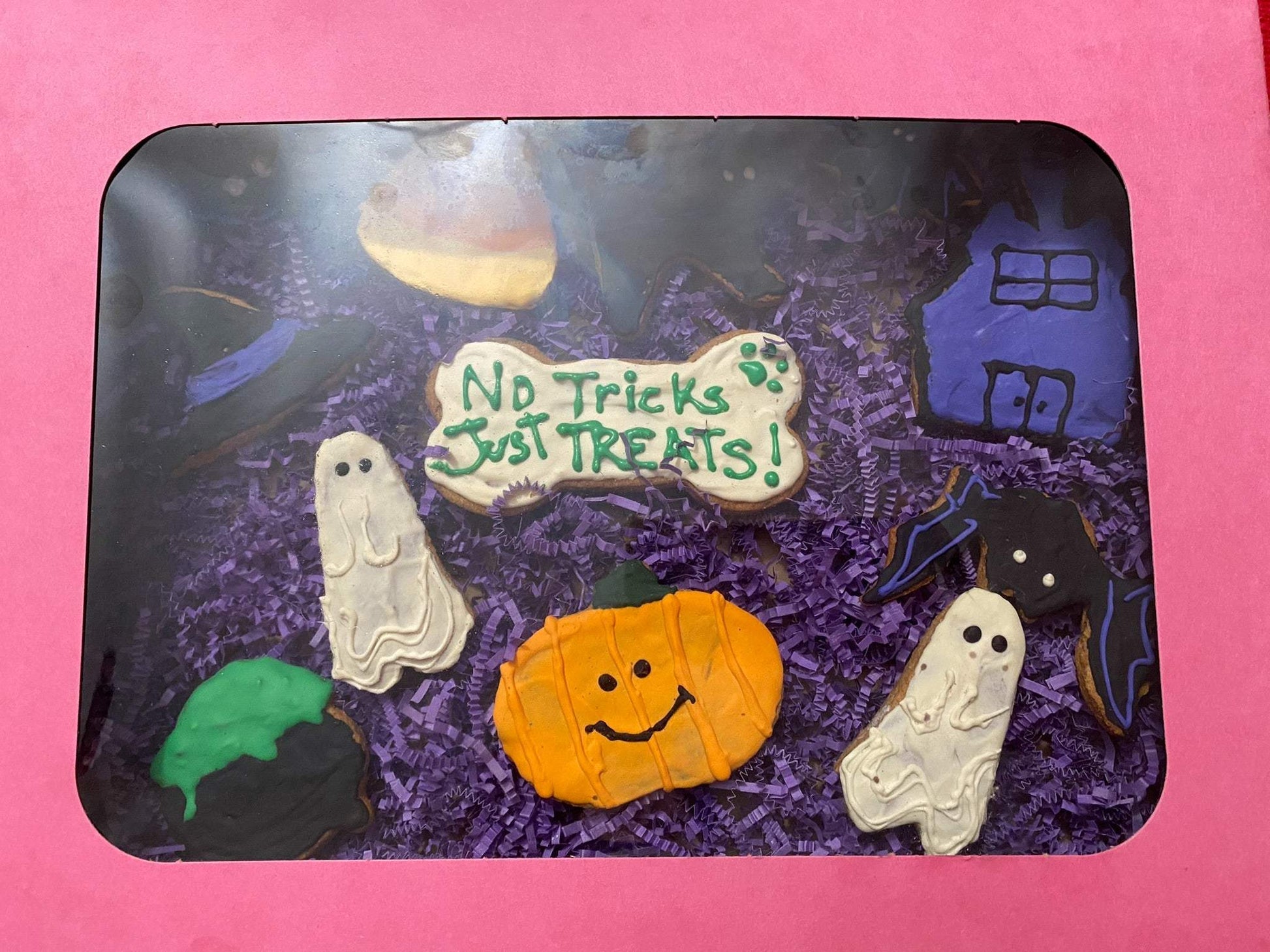 Halloween organic dog cookie box with decorated ghost, pumpkin, bat, and haunted house shaped peanut butter treats