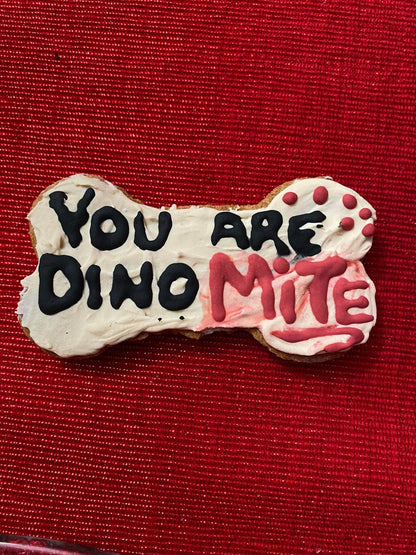 Dinosaur-shaped organic dog cookie with "You Are Dino Mite" icing on red background from Dinosaurs Organic Dog Cookie Box