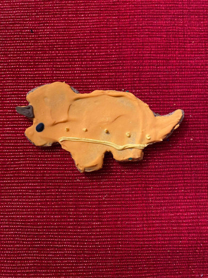 Dinosaur-shaped organic dog cookie on red textured background from Dinosaurs Organic Dog Cookie Box
