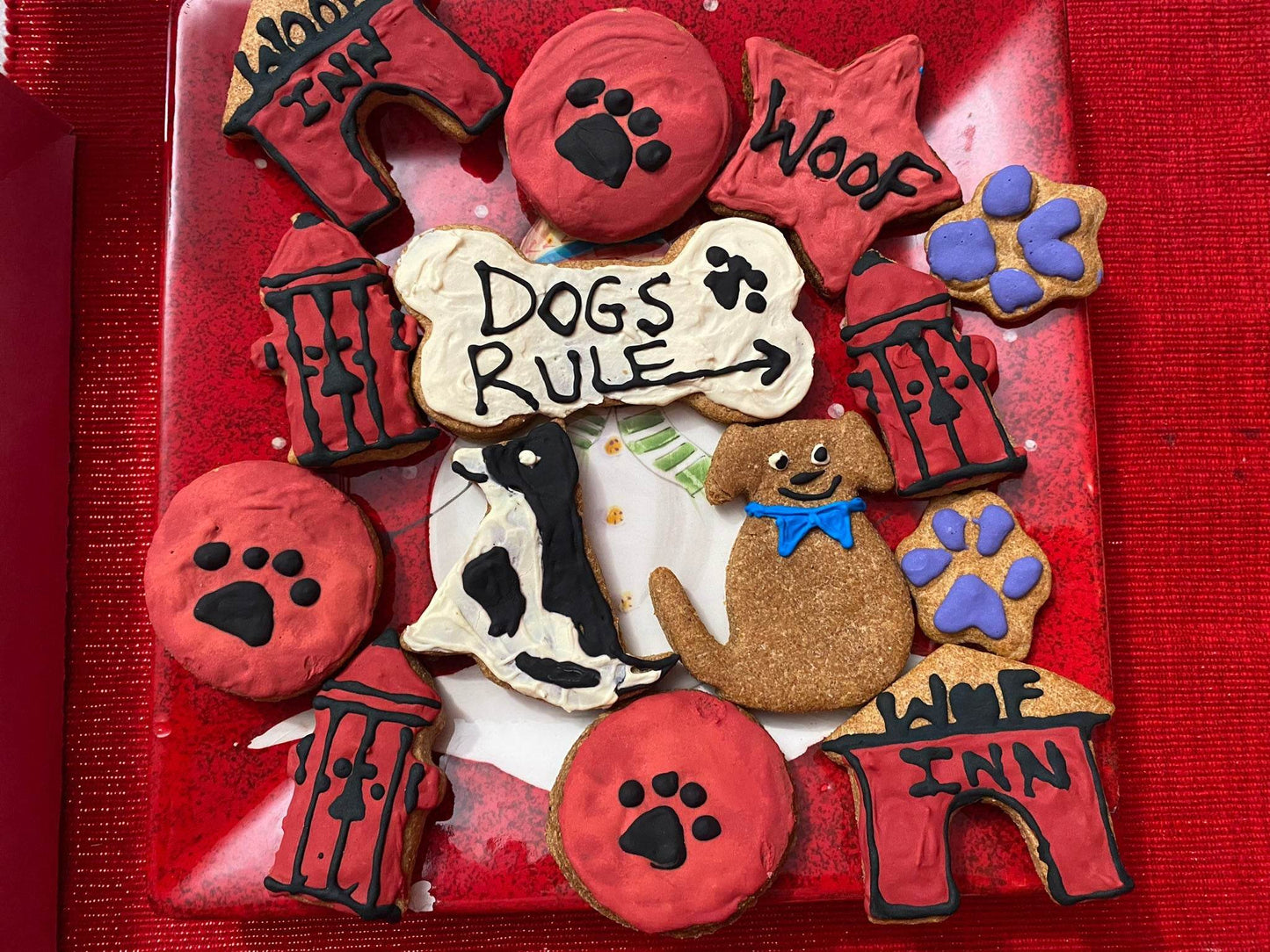 Assorted organic dog cookies with paw prints, dog shapes, and "Dogs Rule" bone cookie from Dog Life Organic Dog Cookie Box