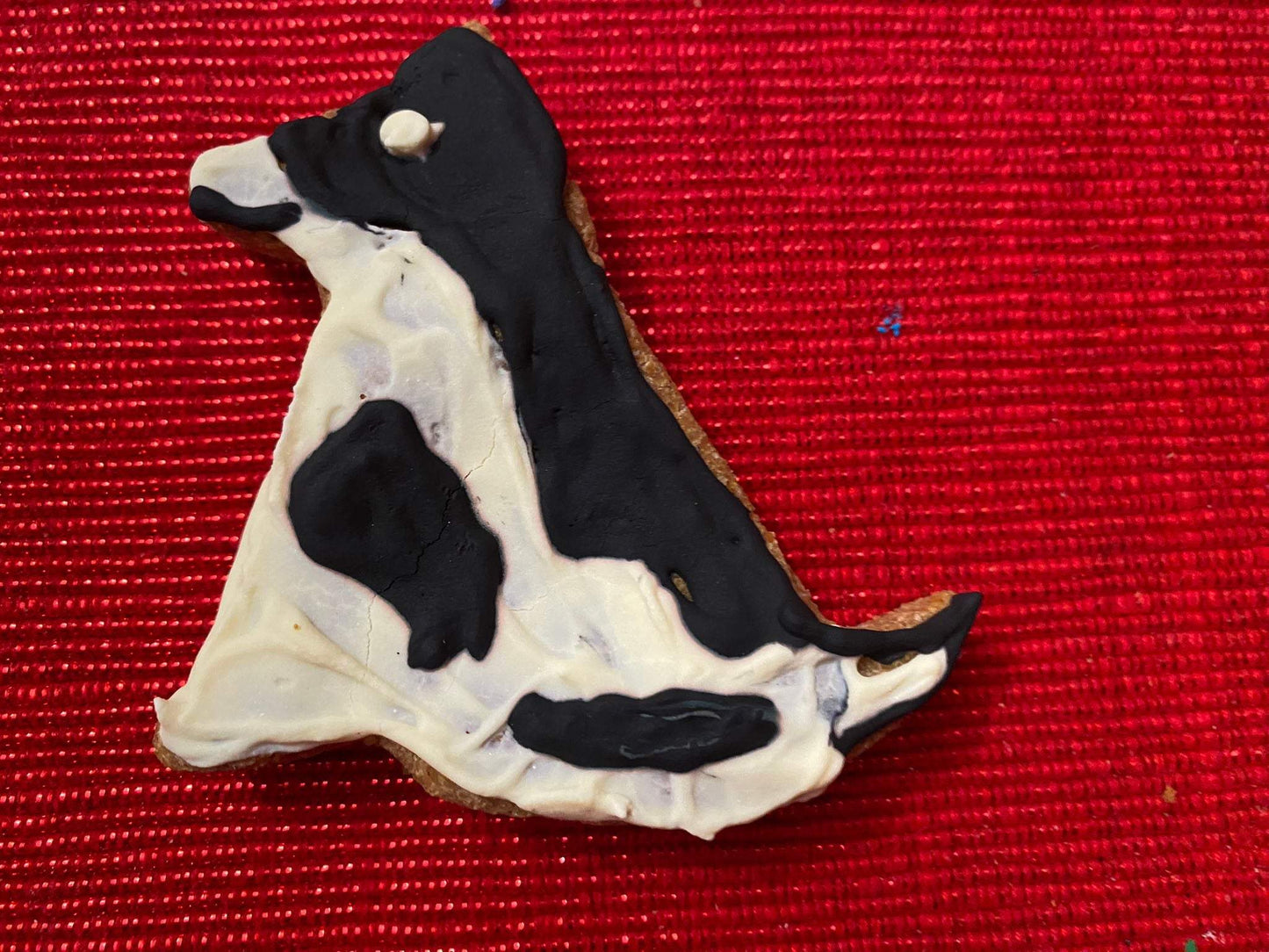 Organic dog-shaped cookie from Dog Life Organic Dog Cookie Box on red background