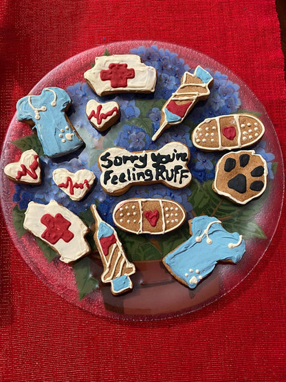 Get Well Organic Dog Cookie Box with medical-themed peanut butter dog treats including scrubs, bandages, syringe, and heart shapes on a plate