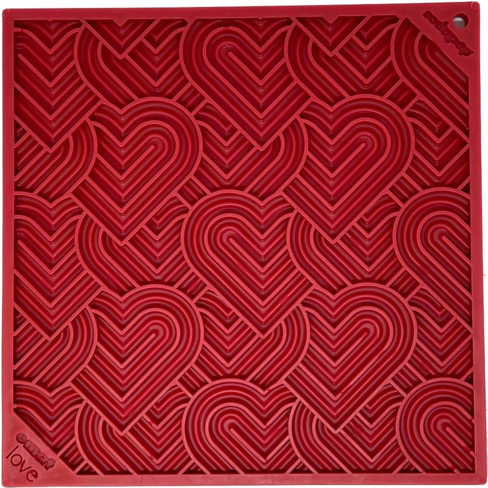 Red heart-shaped textured Love eMat enrichment lick mat for dogs and cats by SodaPup
