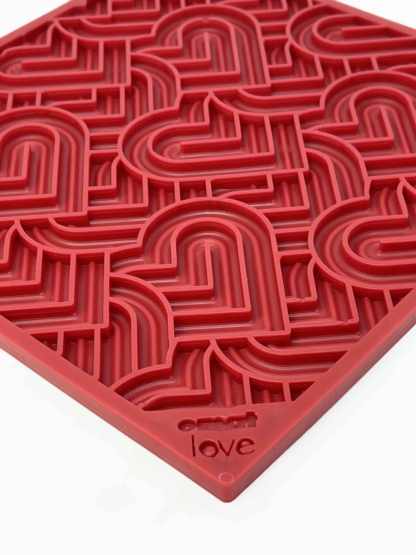Red Love eMat Enrichment lick mat with heart-shaped textured surface for dogs and cats