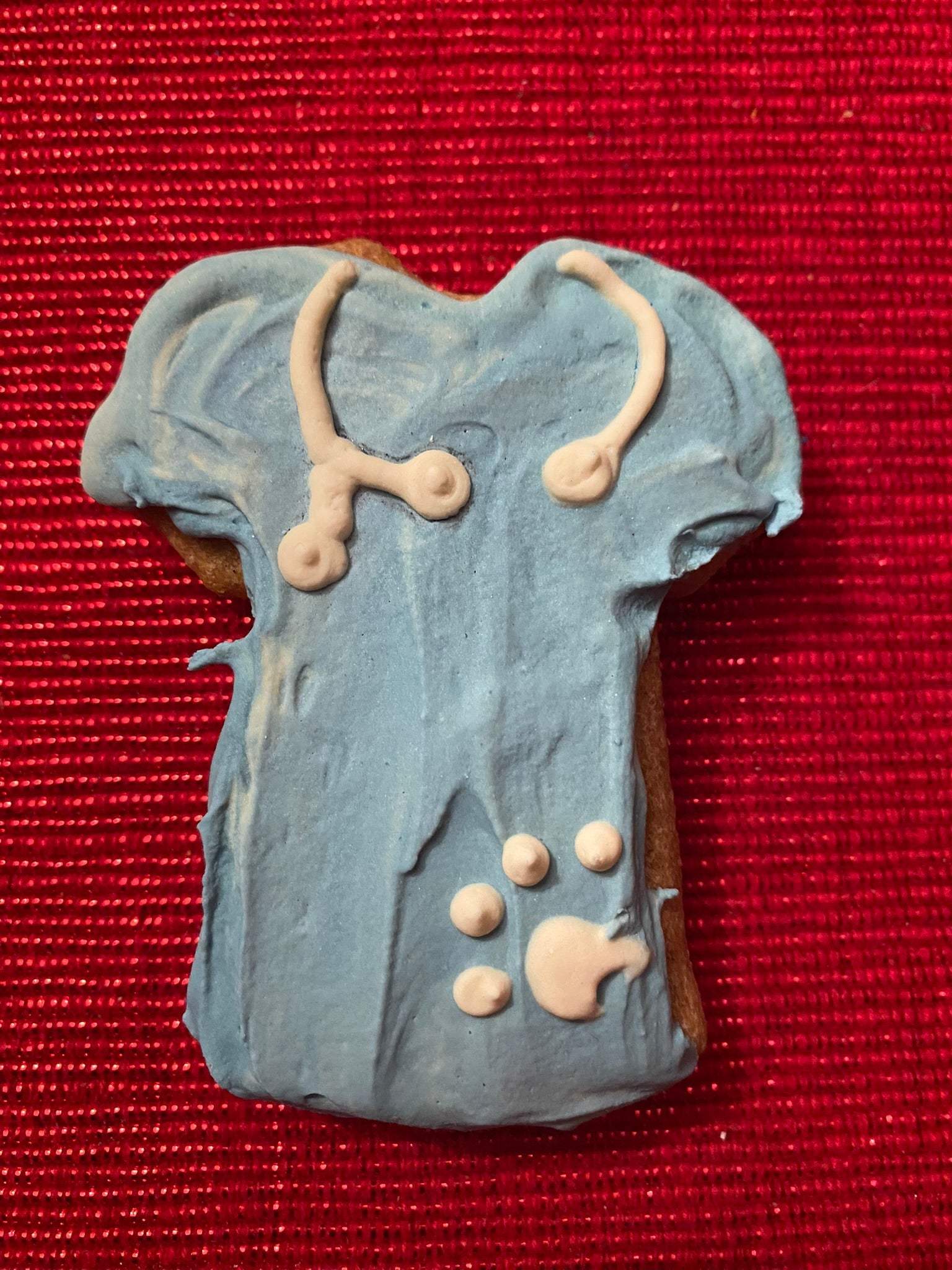 Get Well Organic Dog Cookie Box peanut butter dog cookie shaped like a blue vet scrubs shirt with stethoscope design on red background