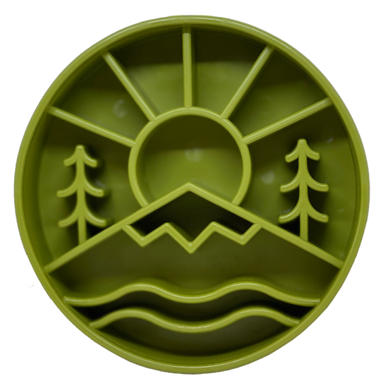 Green slow feeder dog bowl with mountain and tree design for slow eating and mental enrichment