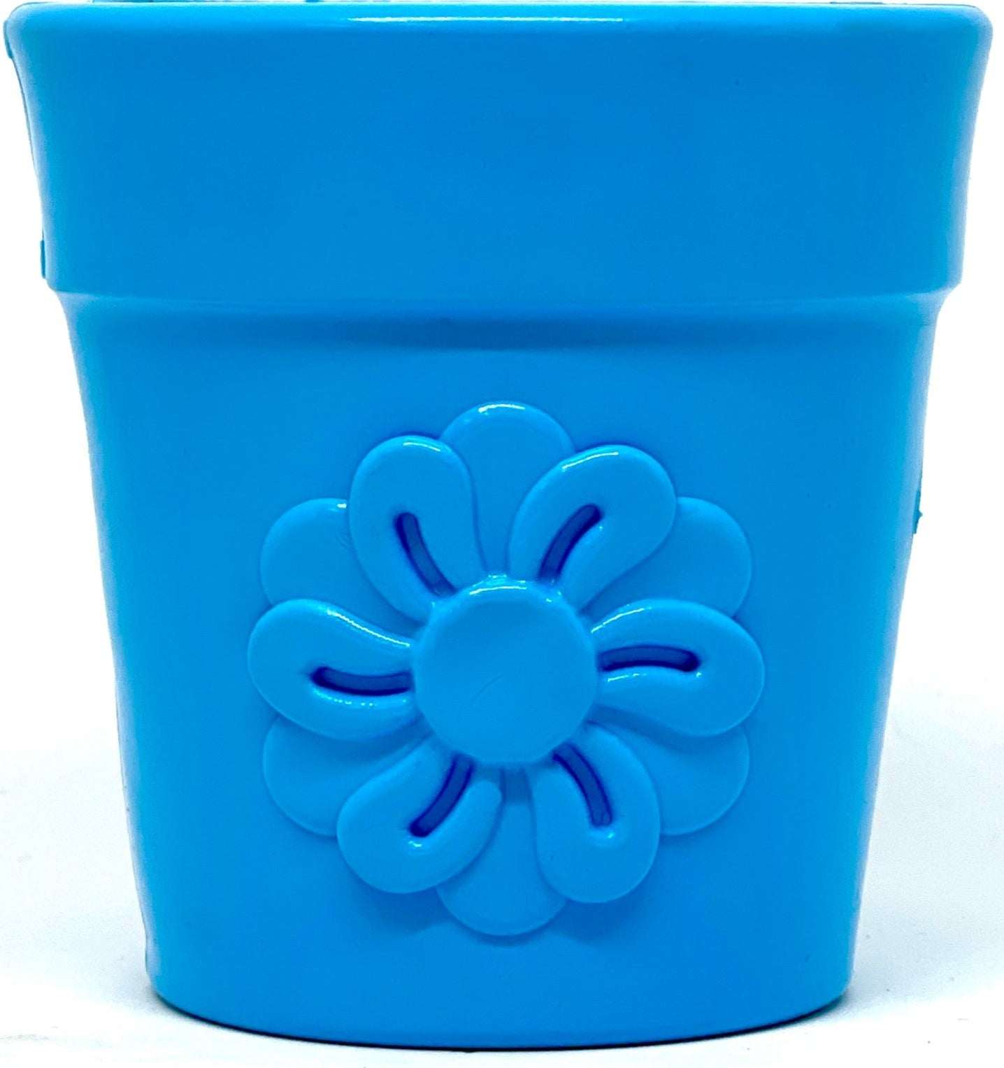 Large blue flower pot dog treat dispenser made of durable rubber for enrichment and slow feeding
