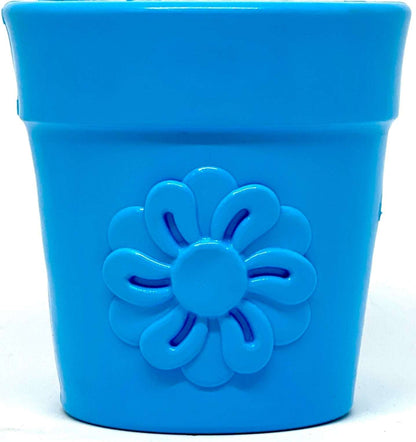 Large blue flower pot dog treat dispenser made of durable rubber for enrichment and slow feeding