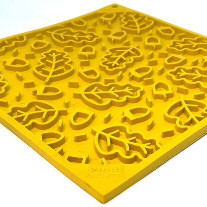 Yellow Autumn eMat lick mat with textured fall leaf design for dog and cat enrichment and anxiety relief
