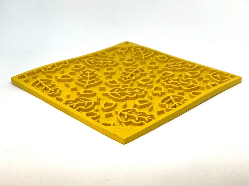 Yellow Autumn eMat lick mat for dogs and cats with textured fall leaves design for mental enrichment and anxiety relief