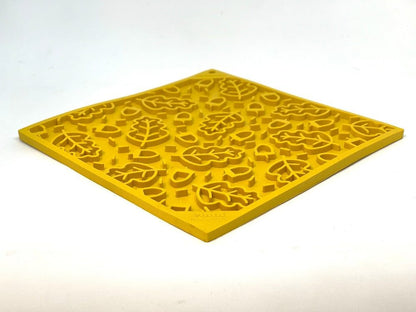 Yellow Autumn eMat lick mat for dogs and cats with textured fall leaves design for mental enrichment and anxiety relief