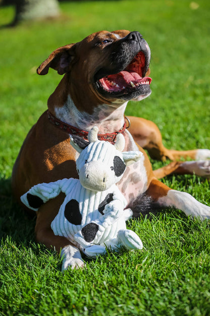 Dottie Cow Knottie® Plush Dog Toy with durable Tuffut Technology and squeakers