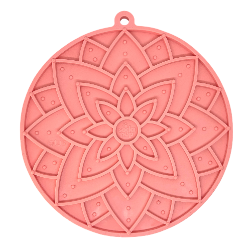 Pink lotus flower design enrichment lick mat with suction cups for dogs and cats, slow feeding and anxiety relief, USA made FDA-compliant material