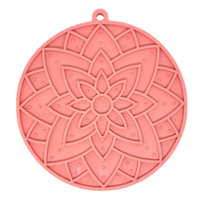 Pink lotus flower design enrichment lick mat with suction cups for dogs and cats, slow feeding and anxiety relief, USA made FDA-compliant material