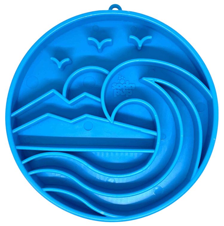Blue shallow slow feeder dog bowl with raised Baja design ridges for slow eating and mental enrichment