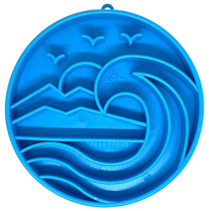 Blue shallow slow feeder dog bowl with raised Baja design ridges for slow eating and mental enrichment