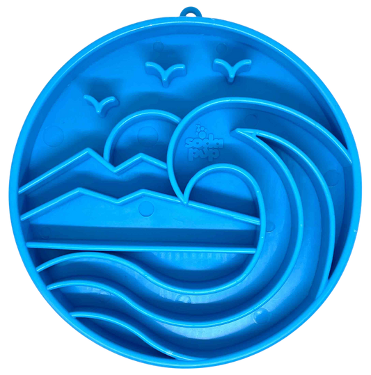 Blue shallow slow feeder dog bowl with raised Baja design ridges for slow eating and mental enrichment