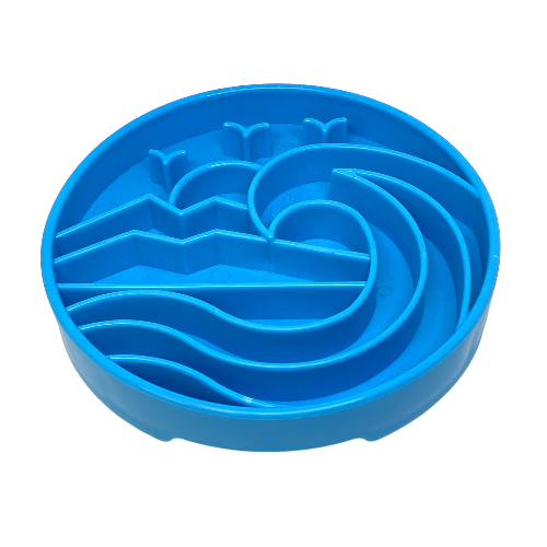 Blue shallow slow feeder dog bowl with raised ridges for slow eating and enrichment