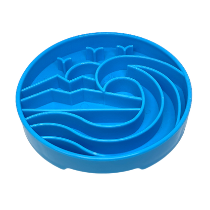 Blue shallow slow feeder dog bowl with raised ridges for slow eating and enrichment