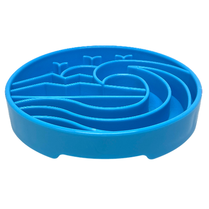 Blue shallow slow feeder dog bowl with raised ridges for slow eating and mental enrichment