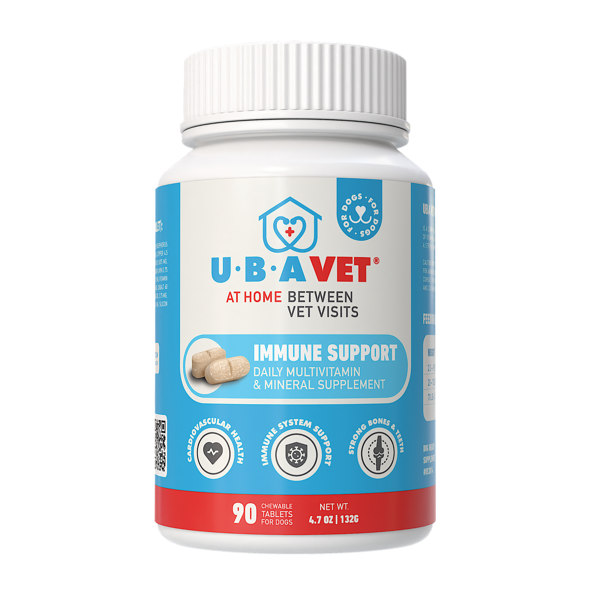 UBAVET Immune Support Daily Multi-Vitamin and Mineral Chewable Tablets for Dogs, 90 count, chicken flavor, promotes immune health, skin, coat, and vitality
