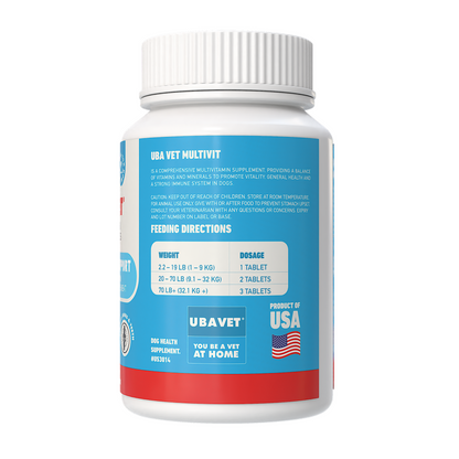 UBAVET Immune Support Daily Multi-Vitamin tablets for dogs with essential vitamins, minerals, and chicken flavor, supporting immune health and vitality