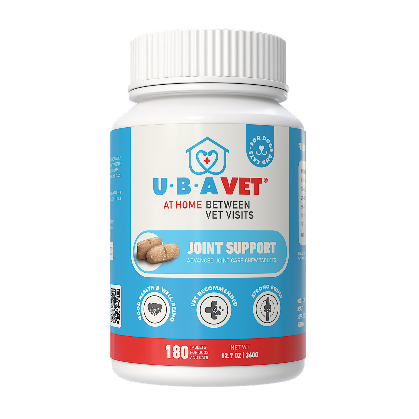 UBAVET Joint Support Advanced chew tablets for dogs and cats, promoting joint flexibility and cartilage strength.