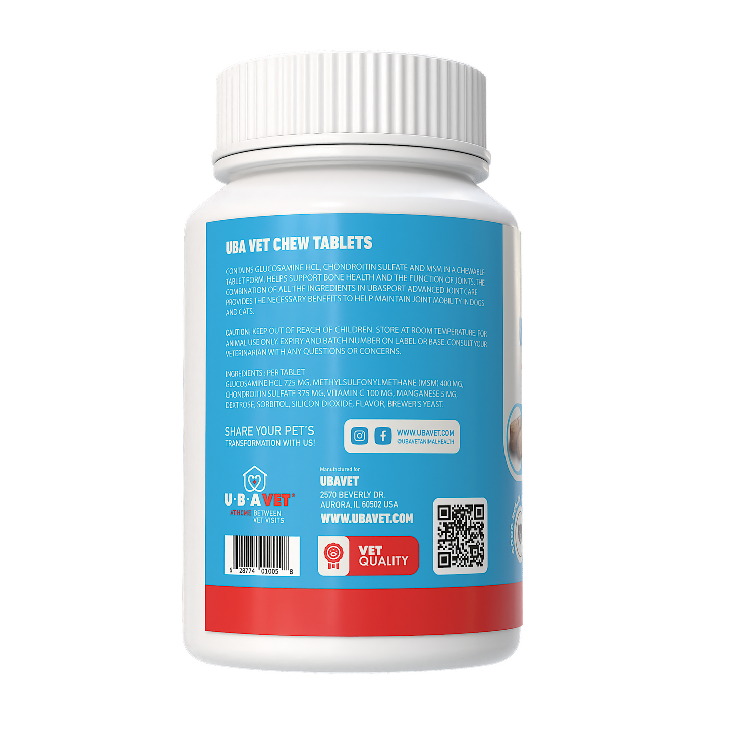 UBAVET Joint Support Advanced chew tablets for dogs and cats, promoting joint flexibility and cartilage strength.