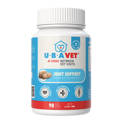 UBAVET Joint Support Advanced chew tablets for dogs and cats, promoting joint flexibility and cartilage strength.