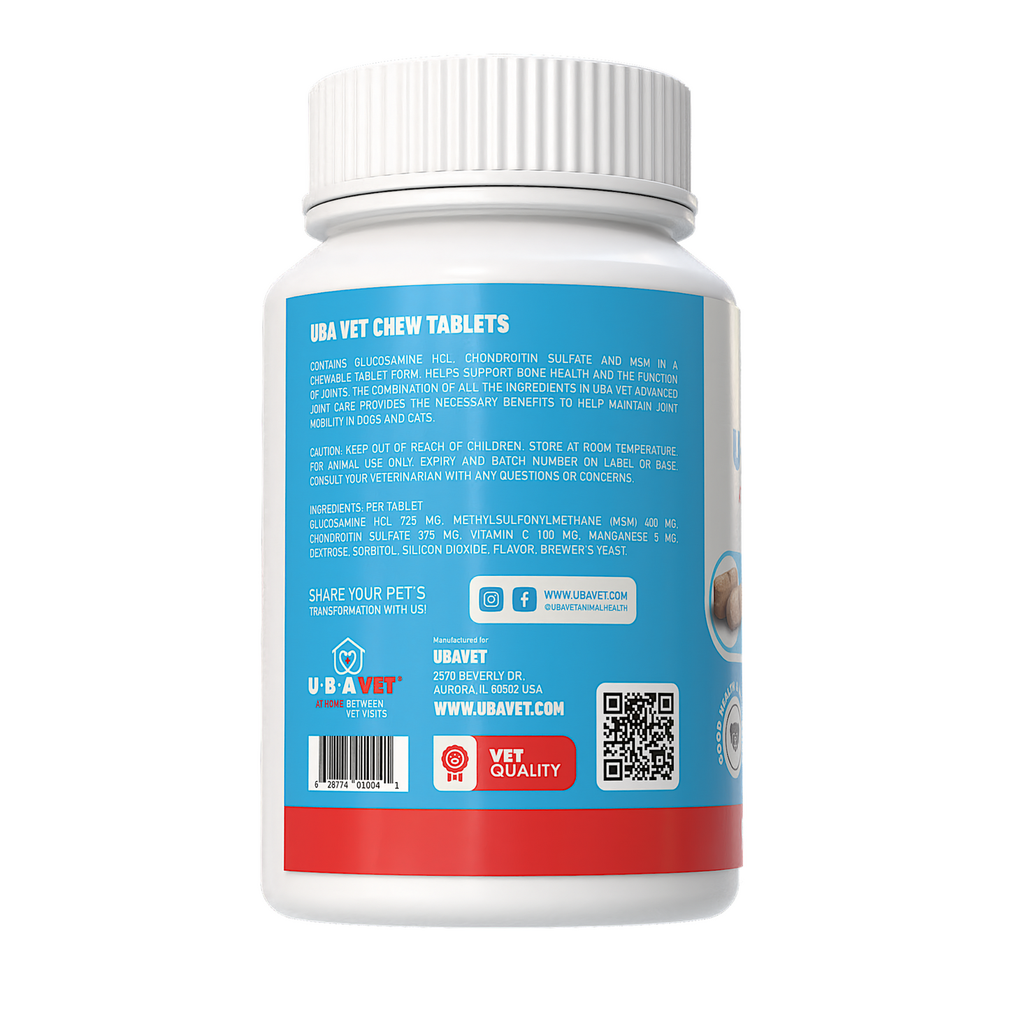 UBAVET Joint Support Advanced chew tablets for dogs and cats, promoting joint flexibility and cartilage strength.