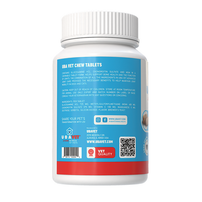 UBAVET Joint Support Advanced chew tablets for dogs and cats, promoting joint flexibility and cartilage strength.