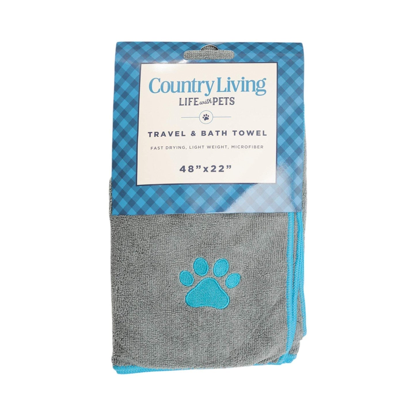 Country Living Large gray microfiber dog bath towel with teal embroidered paw print, 48x22 inches, quick-drying and absorbent.