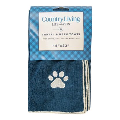 Country Living Large Marine Blue Microfiber Dog Bath Towel with embroidered paw print, 48x22 inches, quick-drying and absorbent pet towel
