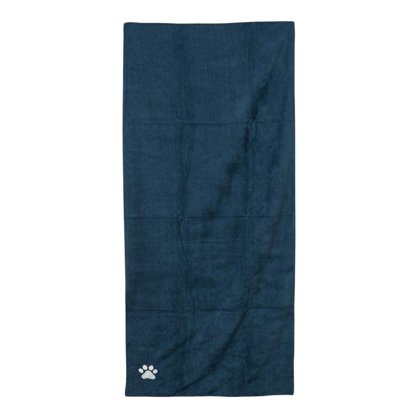 Country Living Large Marine Blue Microfiber Dog Bath Towel with embroidered paw print, 48x22 inches, quick-drying and absorbent, durable stitching