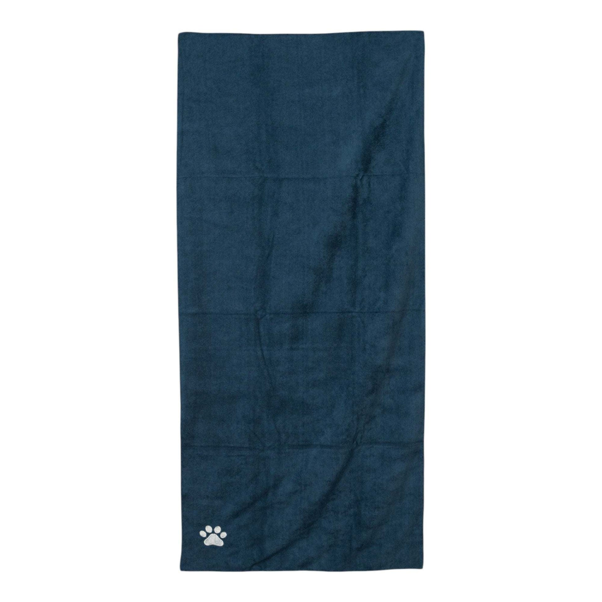 Country Living Large Marine Blue Microfiber Dog Bath Towel with embroidered paw print, 48x22 inches, quick-drying and absorbent, durable stitching