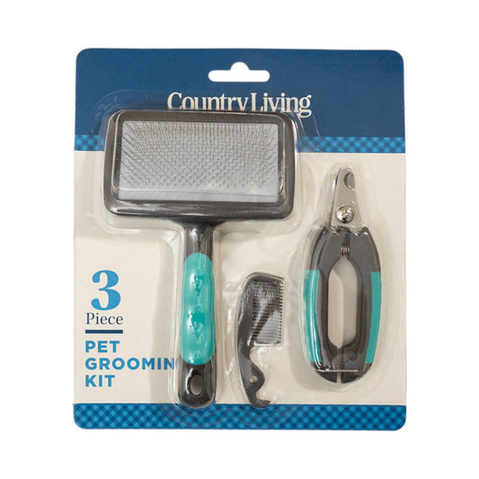 Country Living All-in-One 3-piece dog grooming kit with slicker brush, fine-toothed comb, and nail clipper in blister pack